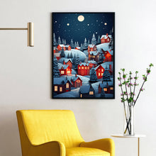 Enchanting Night Winter Scenery Poster | Cozy Red Roof Houses and Illuminated Lights | Winter Wonderland Wall Art Print | Magical Holiday Decor