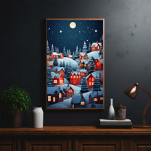 Enchanting Night Winter Scenery Poster | Cozy Red Roof Houses and Illuminated Lights | Winter Wonderland Wall Art Print | Magical Holiday Decor