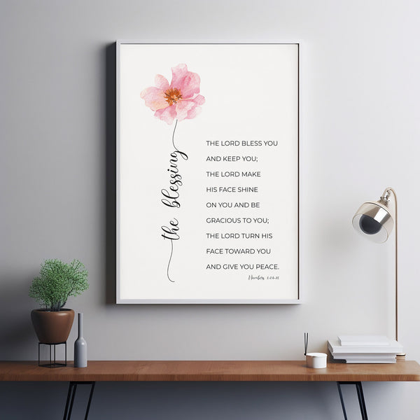 Numbers 62426 Floral Scripture Poster Wall Art, Pink Watercolor Flower Bible Verse Poster, The Lord Bless You and Keep You