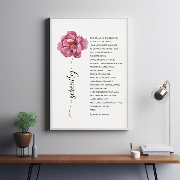 Original Version of The Full Serenity Prayer Poster Wall Art by Reinhold Niebuhr with Watercolor Flower, AA Sobriety Gift for Women