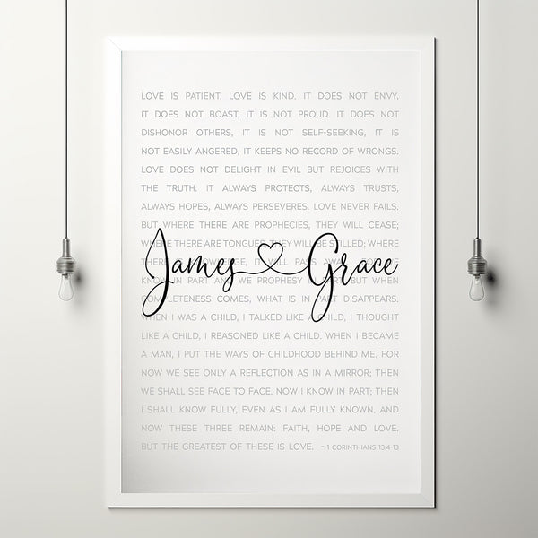Personalized Couple Name Poster with 1 Corinthians 13:4-13 | Unique Custom Gift for Couples | Love is Patient, Love is Kind