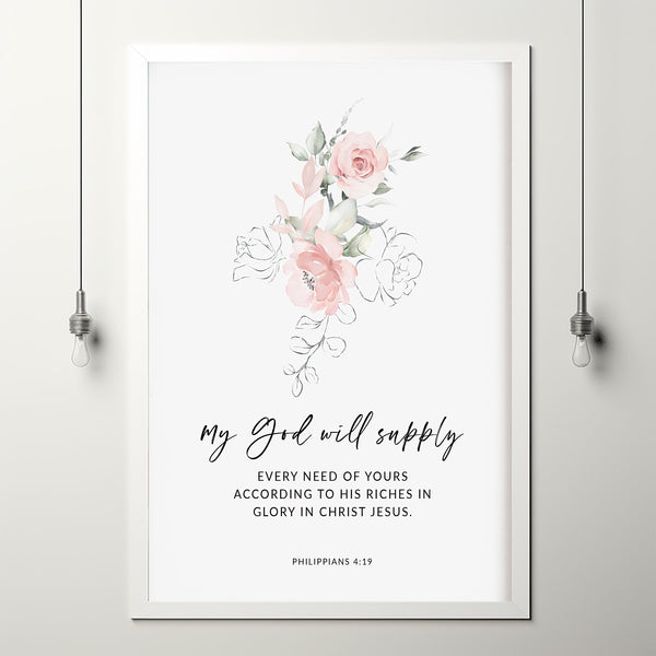 Philippians 4:19 My God Will Supply Bible Verse Wall Art - Inspirational Christian Gift with Scripture