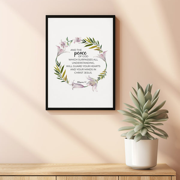 Philippians 47 Floral Christian Scripture Wall Art Poster Decor with Watercolor Lily Wreath, Peace of God Bible Verse Poster