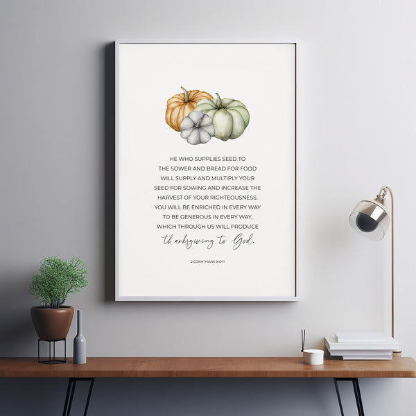 Poster Fall Christian Thanksgiving Bible Verse Wall Art Decor with Watercolor Pumpkins, 2 Corinthians 91011 Autumn Scripture Artwork