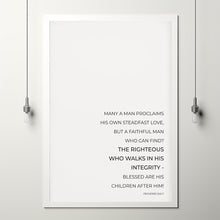 Proverbs 2067 The Righteous Who Walks in His Integrity, Minimalist Dad Bible Verse Poster Wall Art, Christian Father's Day Gift