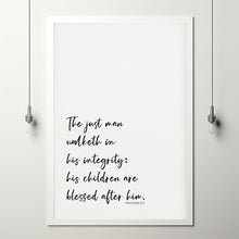 Proverbs 207 KJV The Just Man Walketh in His Integrity, Modern Minimalist Dad Bible Verse Poster Wall Art, Christian Father's Day Gift