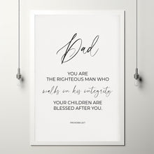 Proverbs 207 Righteous Man Minimalist Christian Bible Verse Poster Wall Art, Christian Father's Day Gift, Dad Scripture Poster