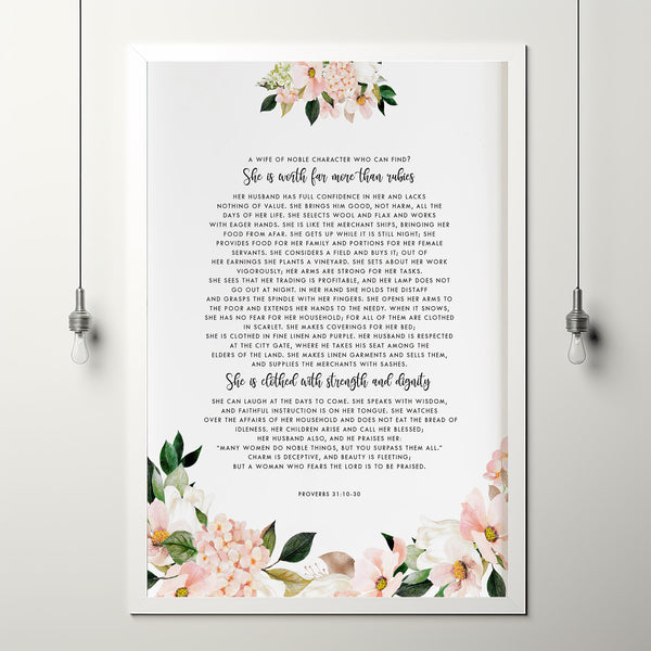 Proverbs 31:10-30 A Wife Of Noble Character Bible Verse Wall Art - Inspirational Floral Scripture Gift for Women