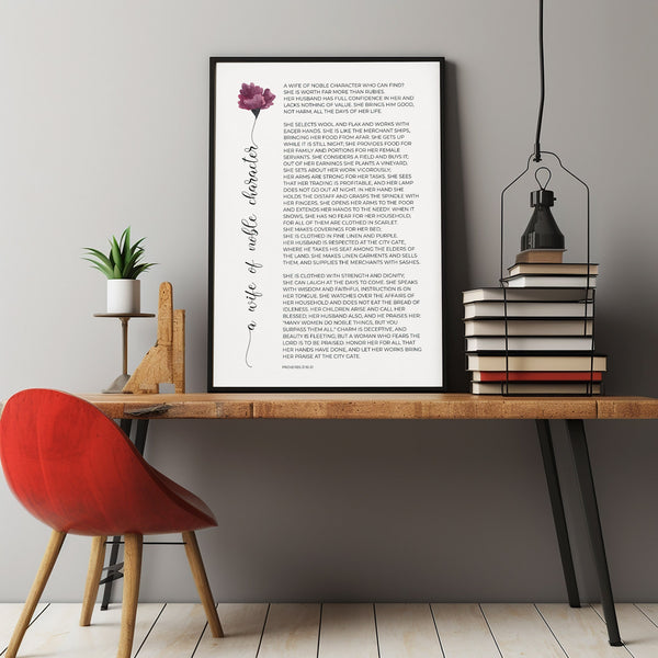 Proverbs 311031 A Wife of Noble Character Poster Scripture Wall Art Decor with Purple Watercolor Flower, Christian Gift for Wife Print