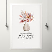 Proverbs 3110 She is Far More Precious Than Jewels Baby Girl Nursery Scripture Poster, Modern Wildflower Bible Verse  Print