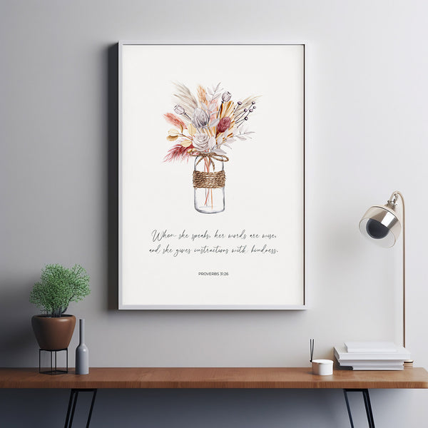 Proverbs 3126, When She Speaks Her Words Are Wise, Floral Bible Verse Poster Wall Art, Christian Teacher Appreciation Gift, Pastor Gift