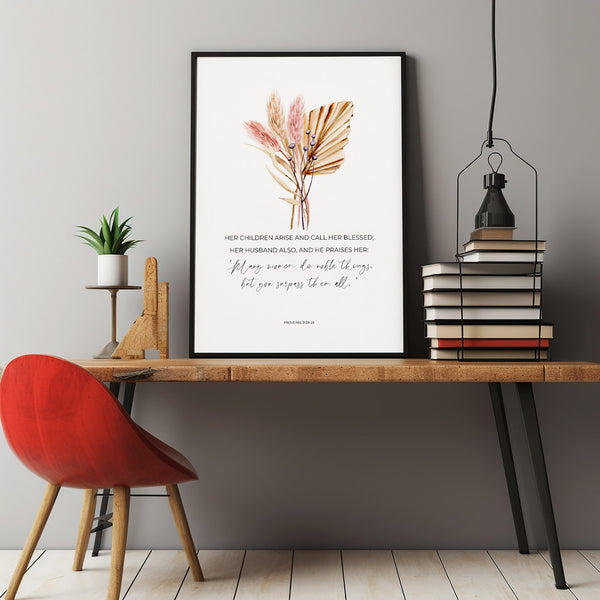 Proverbs 312829 Her Children Arise and Call Her Blessed Christian Mother's Day Print, Boho Floral Bible Verse Poster Wall Art, Mom Gift