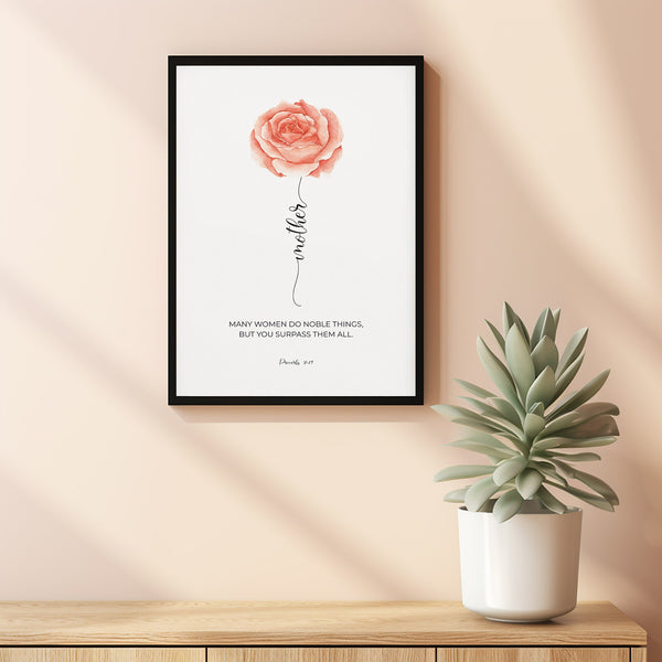 Proverbs 3129 Many Women Do Noble Things Watercolor Floral Christian Scripture Poster Wall Art Home Decor, Christian Mother's Day Gift