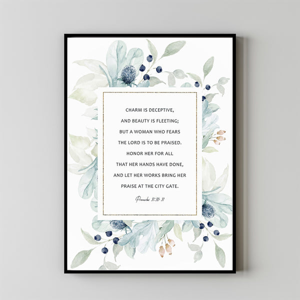 Proverbs 3130-31 Mother's Day Gift, Poster Watercolor, Scripture Wall Art, Bible Quote Poster