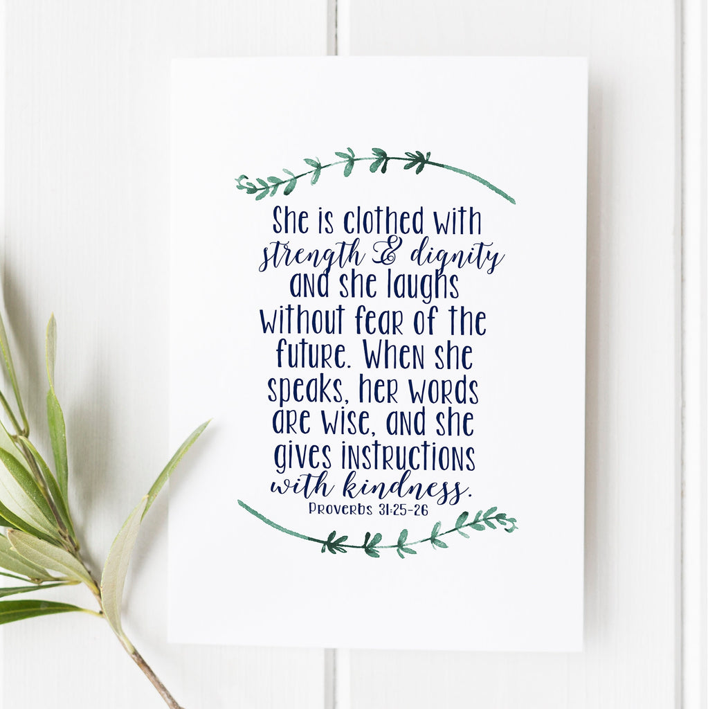 she is dressed with dignity bible verse She is Clothed,strength and Dignity, Proverbs 31:25,floral Vinyl Bible Verse Print, Scripture Decor, Christian Wall Art Gift (UNFRAMED 8x10)