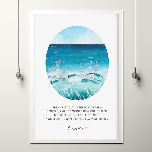 Psalm 107:28-29 'He Stilled' Bible Verse Print | Tranquil Scripture Wall Art | Inspirational Bible Verse Decor