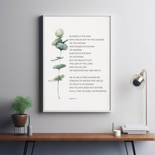 Psalm 113 Blessed is the Man Christian Bible Verse Poster Wall Art with Green Watercolor Eucalyptus Leaf, Christian Father's Day Gift