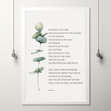 Psalm 113 Blessed is the Man Christian Bible Verse Poster Wall Art with Green Watercolor Eucalyptus Leaf, Christian Father's Day Gift