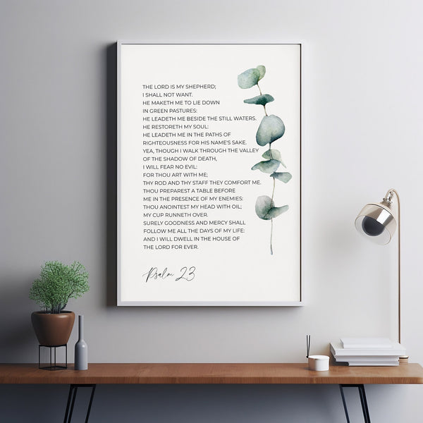 Psalm 23 KJV The Lord is my Shepherd Green Watercolor Eucalyptus Leaf Poster Bible Verse Wall Art, Christian Scripture Poster