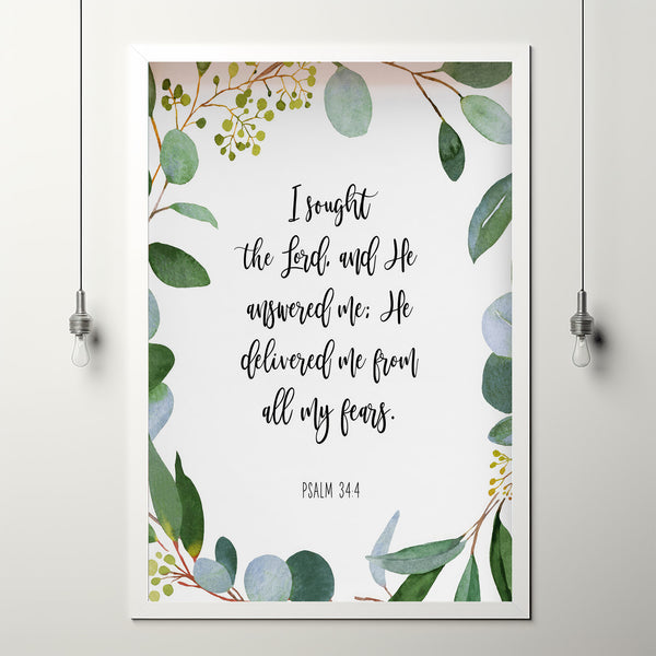 Psalm 34:4 He Answered Me - Inspirational Bible Verse Wall Art