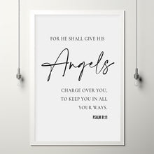 Psalm 9111, For He shall give His angels charge over you, Minimal Christian Wall Art, Typography Bible Verse Poster