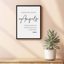 Psalm 9111, For He shall give His angels charge over you, Minimal Christian Wall Art, Typography Bible Verse Poster