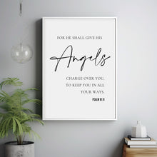 Psalm 9111, For He shall give His angels charge over you, Minimal Christian Wall Art, Typography Bible Verse Poster