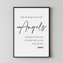 Psalm 9111, For He shall give His angels charge over you, Minimal Christian Wall Art, Typography Bible Verse Poster