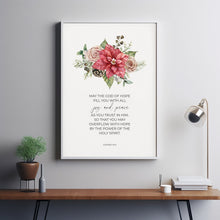 Romans 1513 Hope Joy Peace Christian Christmas Scripture Poster Wall Art with Red Watercolor Poinsettia Flowers, Christian Holiday Decor