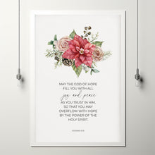 Romans 1513 Hope Joy Peace Christian Christmas Scripture Poster Wall Art with Red Watercolor Poinsettia Flowers, Christian Holiday Decor