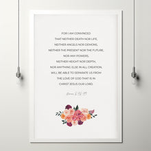 Romans 83839 For I Am Convinced Modern Bible Verse Poster Wall Art, Pink Watercolor Floral Christian Scripture Poster