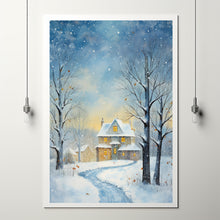 Christmas Wall Art, Winter Poster - Warm House in Snowfall, Oil Painting Style Wall Art Print for Cozy Seasonal Decor