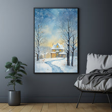 Christmas Wall Art, Winter Poster - Warm House in Snowfall, Oil Painting Style Wall Art Print for Cozy Seasonal Decor