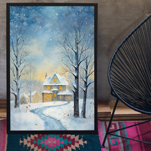 Christmas Wall Art, Winter Poster - Warm House in Snowfall, Oil Painting Style Wall Art Print for Cozy Seasonal Decor