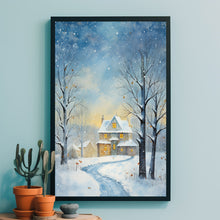 Christmas Wall Art, Winter Poster - Warm House in Snowfall, Oil Painting Style Wall Art Print for Cozy Seasonal Decor