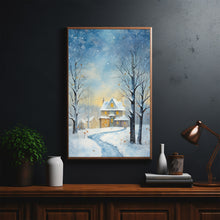 Christmas Wall Art, Winter Poster - Warm House in Snowfall, Oil Painting Style Wall Art Print for Cozy Seasonal Decor