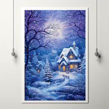 Christmas Wall Art, Winter Poster - Warm House in Snowfall, Oil Painting Style Wall Art Print for Cozy Seasonal Decor