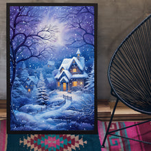 Christmas Wall Art, Winter Poster - Warm House in Snowfall, Oil Painting Style Wall Art Print for Cozy Seasonal Decor