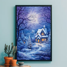 Christmas Wall Art, Winter Poster - Warm House in Snowfall, Oil Painting Style Wall Art Print for Cozy Seasonal Decor