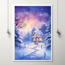 Christmas Wall Art, Winter Poster - Warm House in Snowfall, Oil Painting Style Wall Art Print for Cozy Seasonal Decor