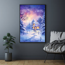 Christmas Wall Art, Winter Poster - Warm House in Snowfall, Oil Painting Style Wall Art Print for Cozy Seasonal Decor