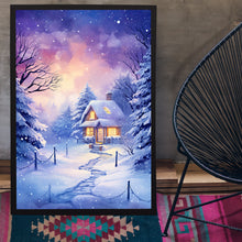 Christmas Wall Art, Winter Poster - Warm House in Snowfall, Oil Painting Style Wall Art Print for Cozy Seasonal Decor