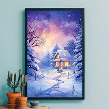 Christmas Wall Art, Winter Poster - Warm House in Snowfall, Oil Painting Style Wall Art Print for Cozy Seasonal Decor