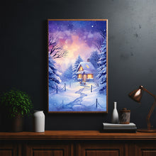 Christmas Wall Art, Winter Poster - Warm House in Snowfall, Oil Painting Style Wall Art Print for Cozy Seasonal Decor