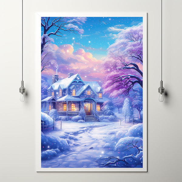 Christmas Wall Art - Enchanting Snowing House Poster for Festive Holiday Decor