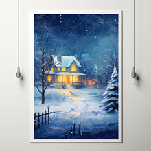 Christmas Wall Art, Winter Poster - Warm House in Snowfall, Oil Painting Style Wall Art Print for Cozy Seasonal Decor