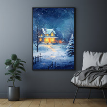 Christmas Wall Art, Winter Poster - Warm House in Snowfall, Oil Painting Style Wall Art Print for Cozy Seasonal Decor