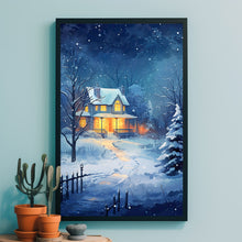 Christmas Wall Art, Winter Poster - Warm House in Snowfall, Oil Painting Style Wall Art Print for Cozy Seasonal Decor