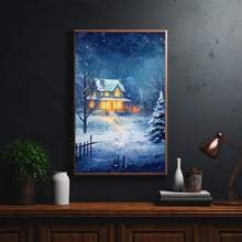 Christmas Wall Art, Winter Poster - Warm House in Snowfall, Oil Painting Style Wall Art Print for Cozy Seasonal Decor