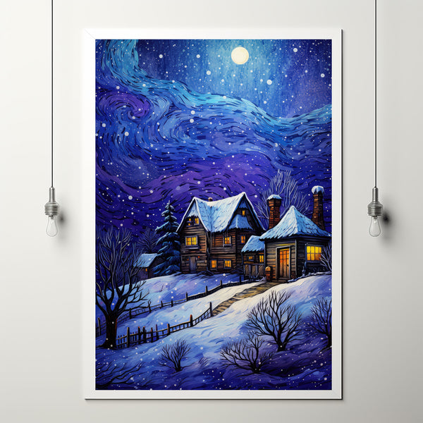 Winter Poster - Warm House in Snowfall, Oil Painting Style Wall Art Print for Cozy Seasonal Deco